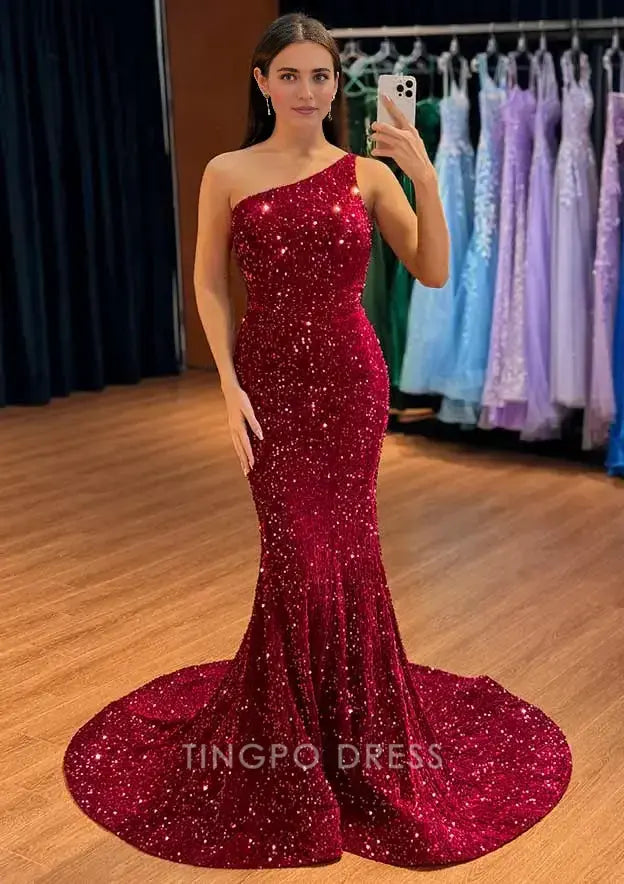 TingPo Wholesale Elegant Trumpet/Mermaid One-Shoulder Sweep Train Velvet Sequins Prom Dress
